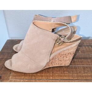 Women's Nine West Suede Cork Platform Peep Toe Slingback Heels Sandals Beige 9.5